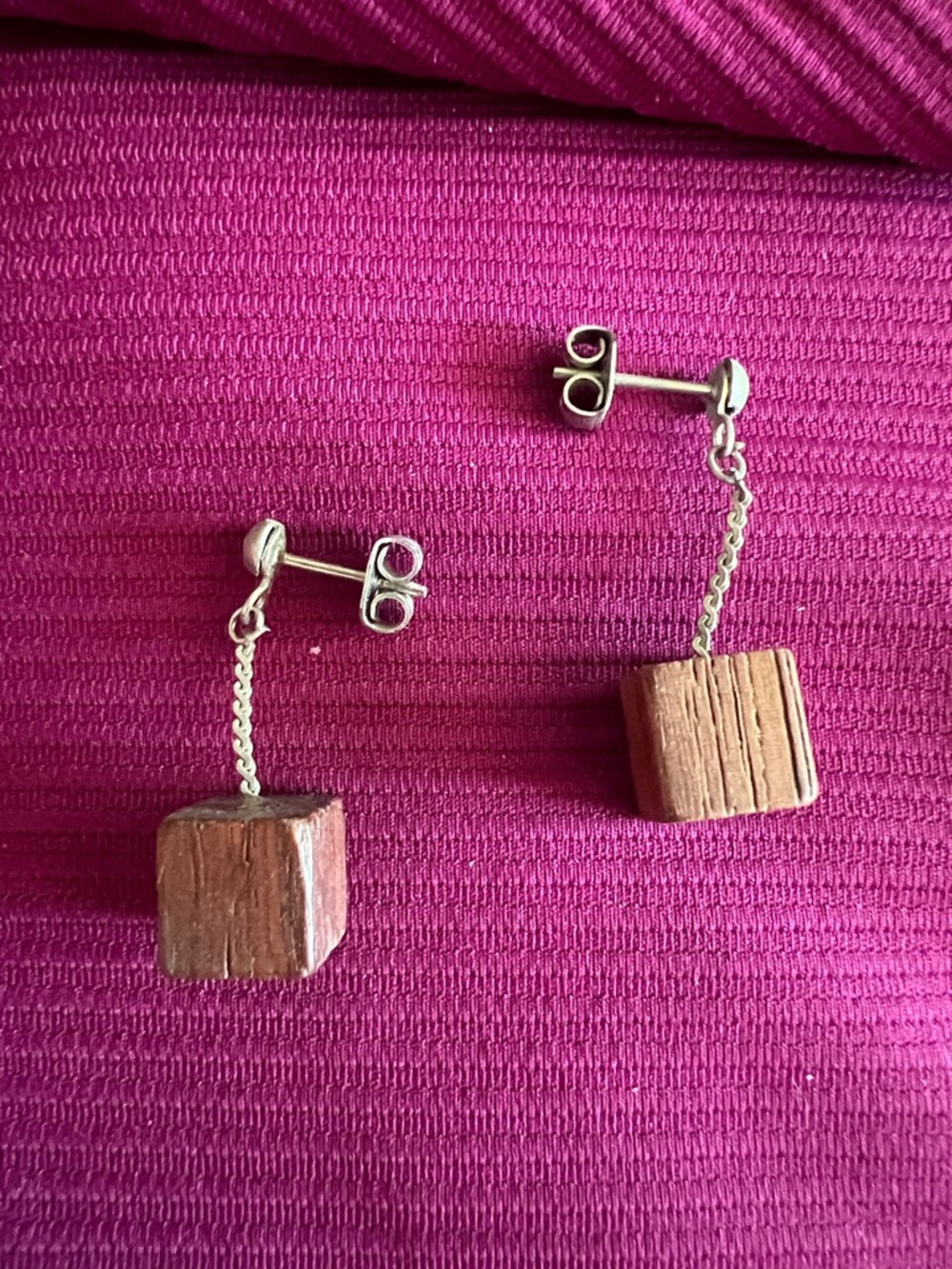 Minimalist Wood Cube Drop Earrings - Silver Chain